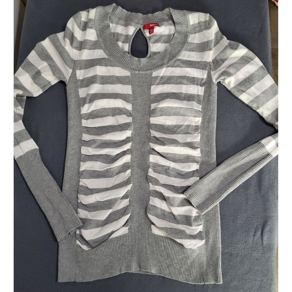 Y2K BONGO SZ LG Striped Ruched Long Length Lightweight Sweater Gray Keyhole Back